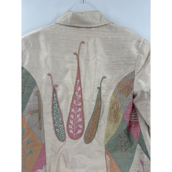 Anage Vintage Jacket Womens Large Beige Pink Green 100% Silk Embroidered Nature - Picture 13 of 16